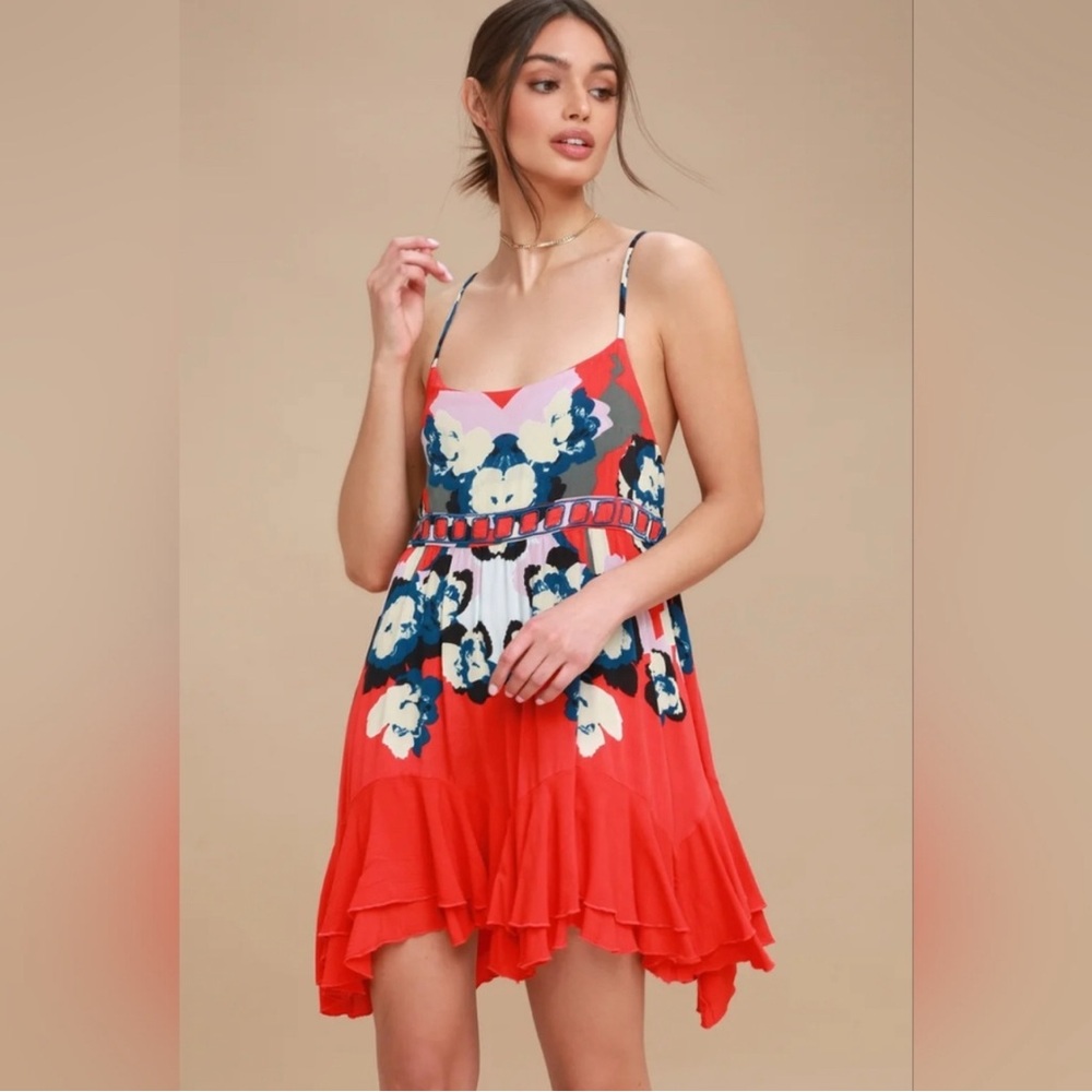 Free People Sweet Lucy Coral Red Print Slip Mini Dress